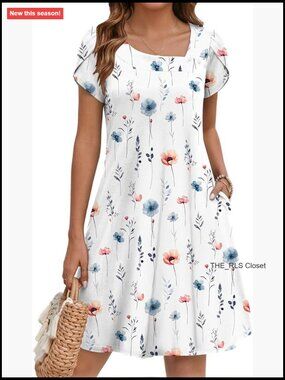 Polyester Spandex Sundress with Pockets Petal Sleeve Casual Dress